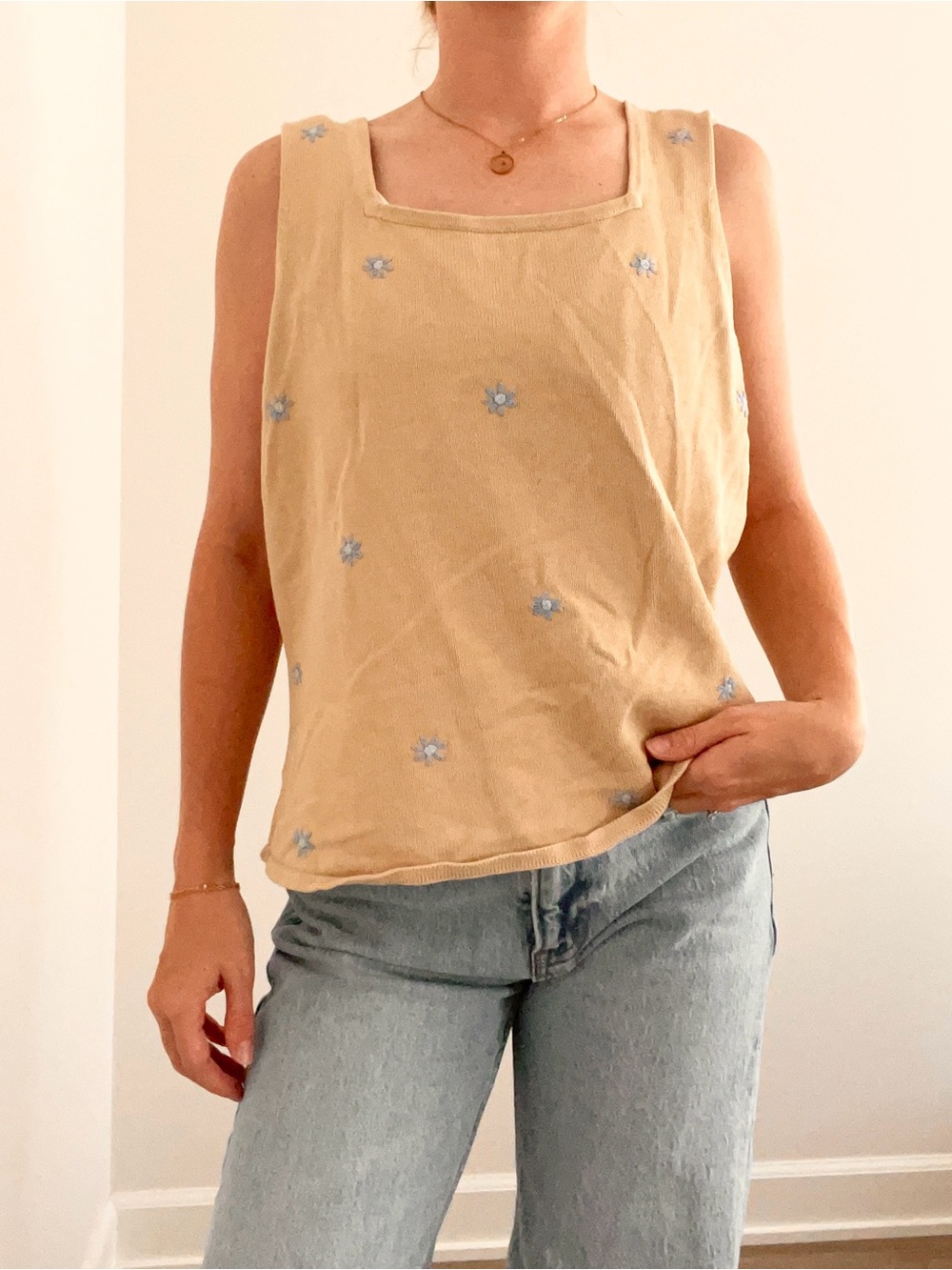 Vintage Ann Taylor Beige Tank Top with Light Blue Floral Embroidery